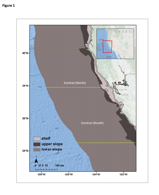 Figure 1. Map of the US west coast showing EEZ limits and the spatial extent of the southern and northern regions demarcated in this analysis. 