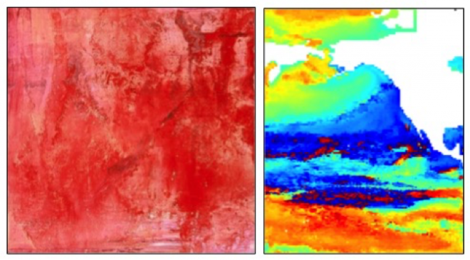 Left: Piroska, oil on canvas.  Credit: Clare Asch.  Right: Colormap image showing the mean date of the termination of phytoplankton blooms in the North Pacific. Credit: Rebecca Asch. 