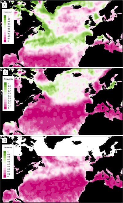Figure 2. North Atlantic bloom frequency.  Spring (a), summer (b), and fall (c) bloom frequencies defined as the ratio of years with blooms divided by the total number of years over the period 1998–2014.