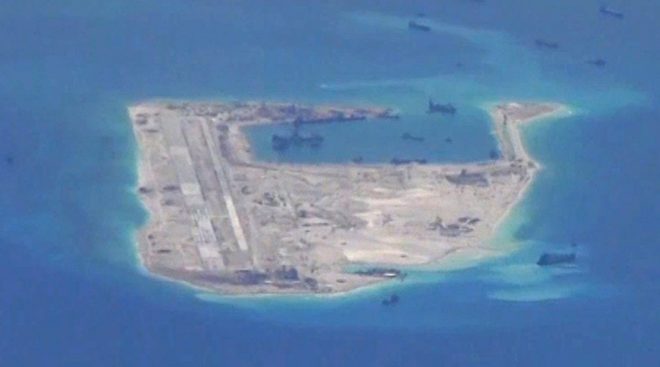 Fiery Cross Reef -- an artificial island created by China. Source: Wikimedia Commons.